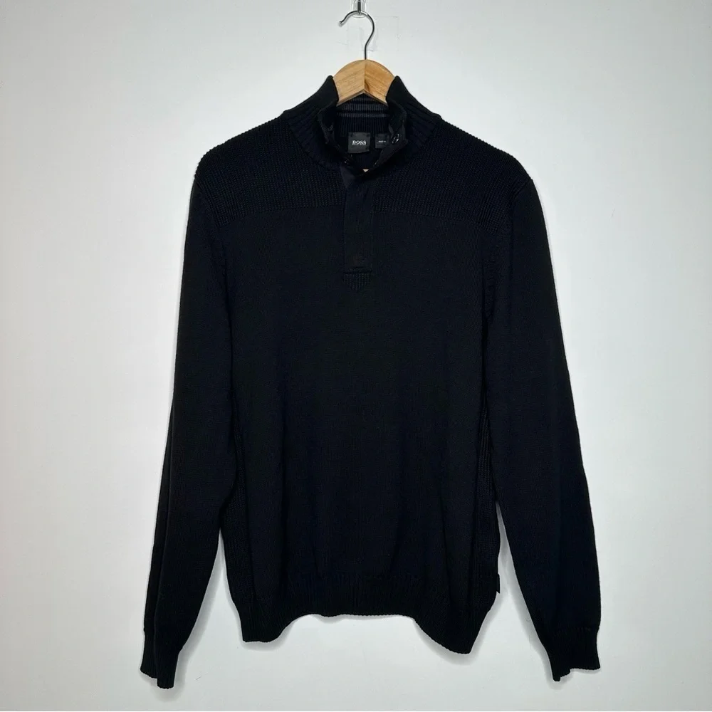 Hugo Boss Black Pampre Virgin Wool 1/4 Button Pullover Sweater Size Large